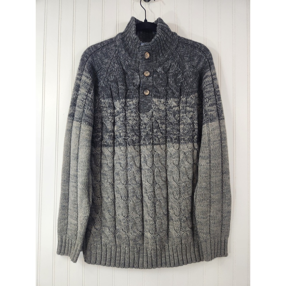 Weatherproof Vintage Mens Large Gray Cable Knit Mock Neck 1/4 Button Sweater